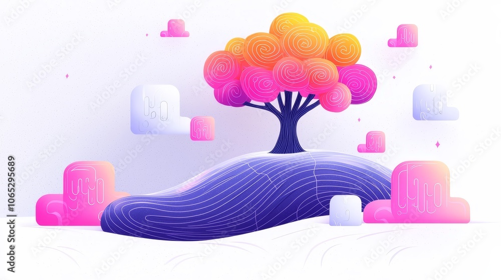 Poster explore a serene landscape featuring a vibrant tree and floating clouds in a dreamlike setting