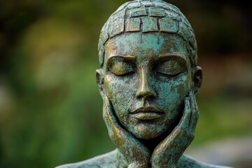 Obraz premium Bronze statue meditating with hands on cheeks in peaceful garden
