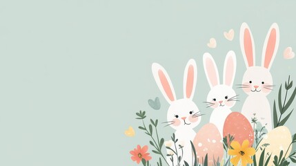 Website banner, Easter promotion with bunnies and flowers, copy space, flat design illustration