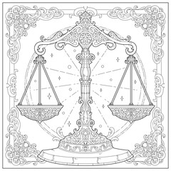 Fantasy balancing scale with carving ornament and border. Learning and education coloring page illustration for adult and children. Vector outline style, black and white drawing.