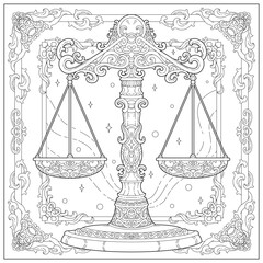 Fantasy balancing scale with carving ornament and border. Learning and education coloring page illustration for adult and children. Vector outline style, black and white drawing.