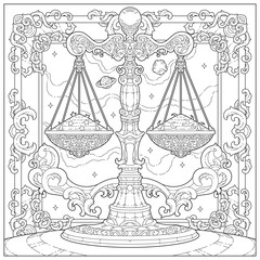 Fantasy balancing scale with carving ornament and border. Learning and education coloring page illustration for adult and children. Vector outline style, black and white drawing.