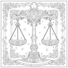 Fantasy balancing scale with carving ornament and border. Learning and education coloring page illustration for adult and children. Vector outline style, black and white drawing.