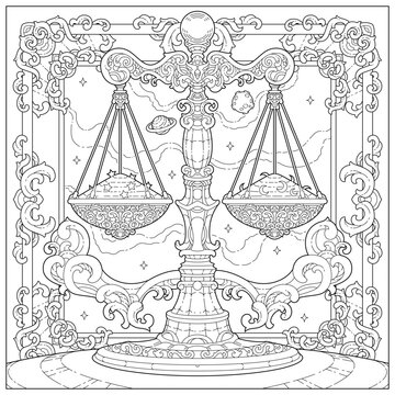 Fantasy balancing scale with carving ornament and border. Learning and education coloring page illustration for adult and children. Vector outline style, black and white drawing.