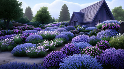 Obraz premium whimsical vintage cottage garden filled with vibrant lavender flowers, creating serene and enchanting atmosphere. lush greenery and colorful blooms invite tranquility and joy