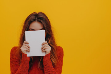 A shy woman covered her face with an empty white paper on a yellow background. shame people, hiding identity, social anxiety concept.	