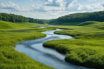 Fototapeta premium River meandering across green meadow under cloudy sky