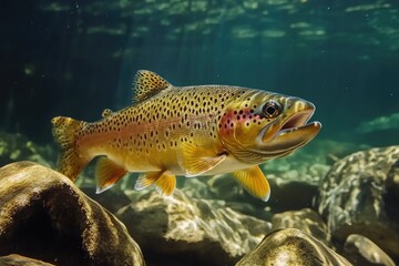 Fototapeta premium Brown trout swimming in clear river water