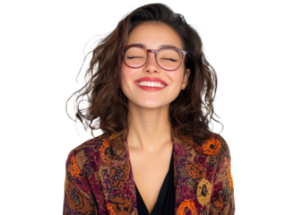 A young woman with curly hair wears glasses and smiles radiantly, transparent