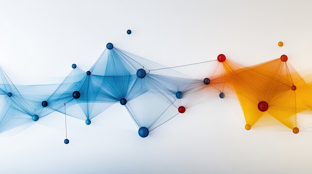 Abstract art of portfolio optimization algorithm featuring interconnected nodes in blue, orange, and red colors, creating dynamic visual representation of data flow and relationships
