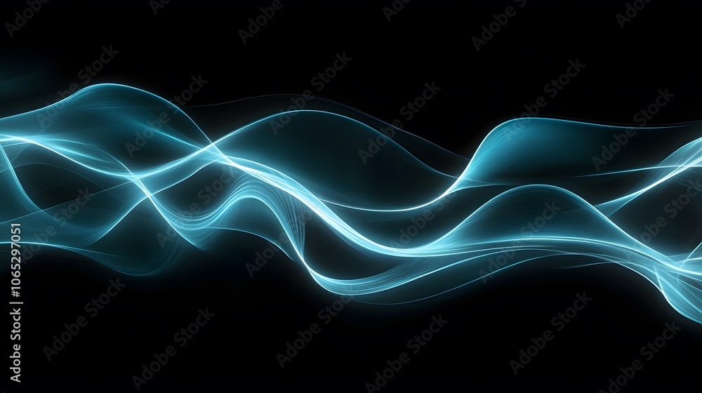 Poster serene teal waves dance on black: abstract art. glowing, ethereal, dynamic curves create a calming, 