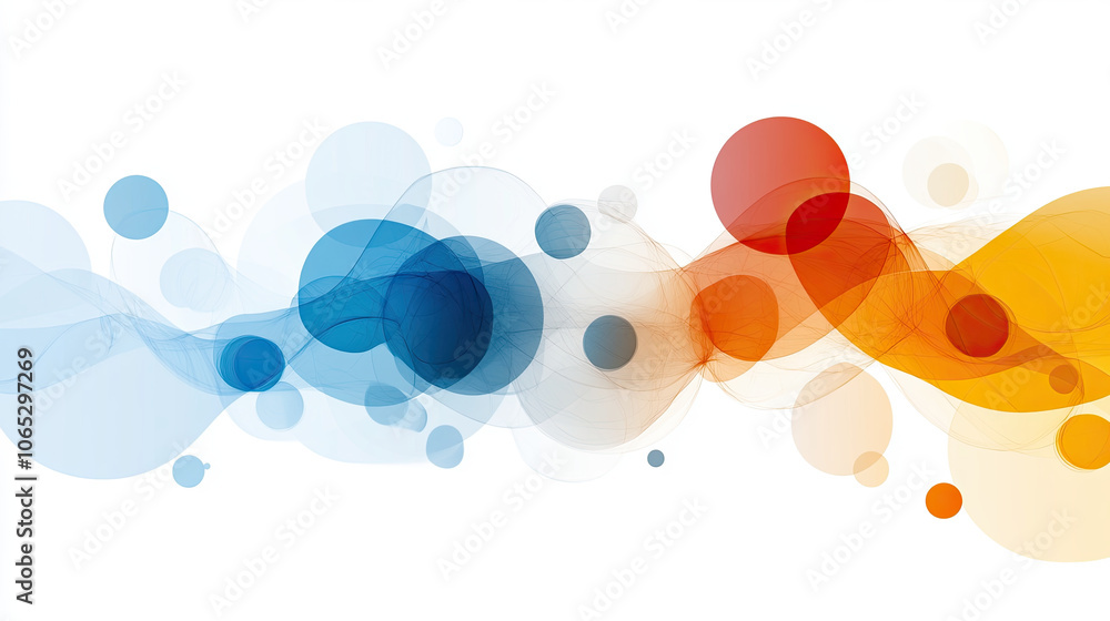 Poster colorful abstract design featuring blue, orange, and red circles and waves, creating dynamic visual 