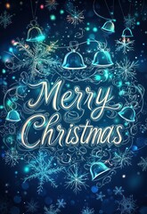 Bright and joyful background with "Merry Christmas" surrounded by snowflakes and bells.