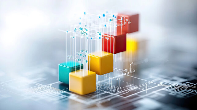 Colorful graphic of portfolio optimization algorithm with cubes and digital elements, representing data analysis and technology in finance