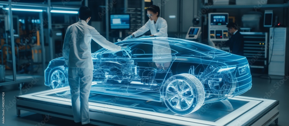 Aufkleber Futuristic lab scene with engineers utilizing augmented reality to conceptualize an advanced electric car design, showcasing modern automotive innovation and cutting-edge technology.