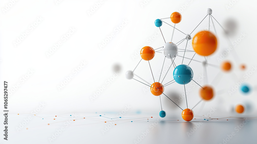 Poster Creative visualization of network structure with colorful spheres and connections, representing data or portfolio optimization concepts