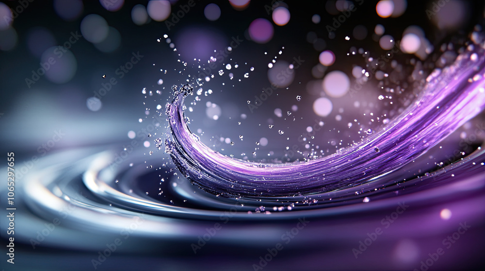Poster ethereal purple water swirl with sparkling droplets creating mesmerizing effect. dynamic movement an
