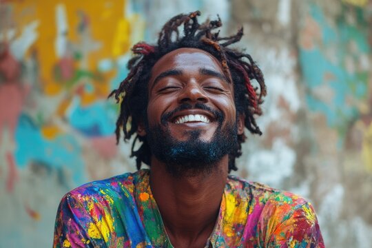 Young smiling artist wearing colorful paint splattered clothes - Powered by Adobe