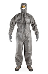 Protective equipment. Man wearing a dark gray protective suit, goggles, a mask, and gloves.