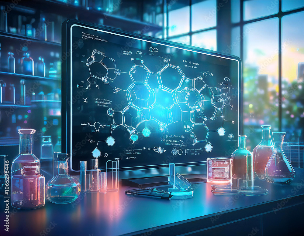 Poster lab bench with chemical glassware, a microscope, and a large monitor displaying a complex molecular 
