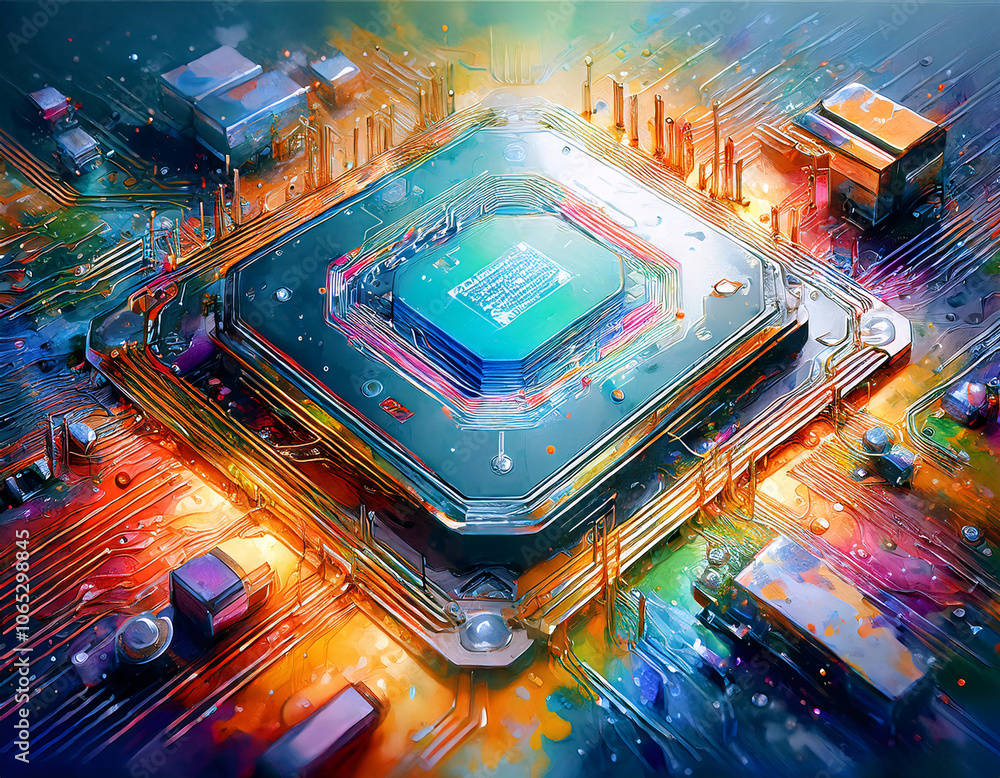 Poster a central processor chip surrounded by intricate circuitry, glowing with energy