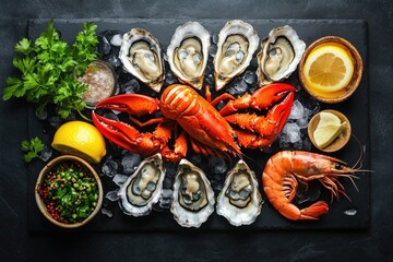 A gourmet seafood platter with lobster, oysters, shrimp, herbs, and lemon slices served on ice.