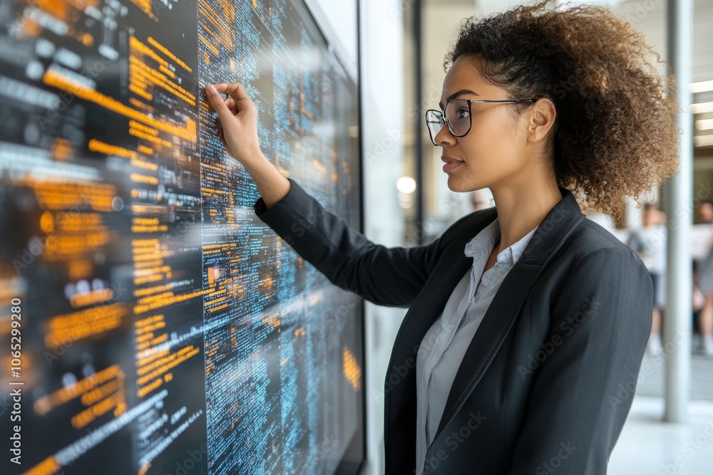 Poster young professional analyzing code on digital display, software development, technology solutions