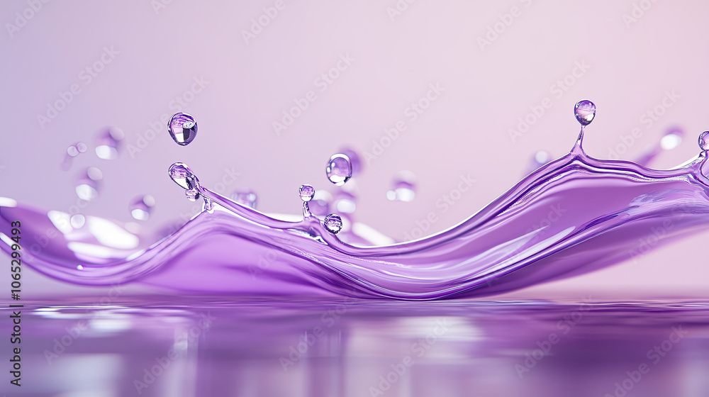 Poster vibrant purple splash of liquid with droplets creating dynamic flow. smooth curves and shimmering su
