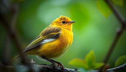 Fototapeta premium Intimate portrait of male yellow warbler with bright yellow feathers in natural habitat