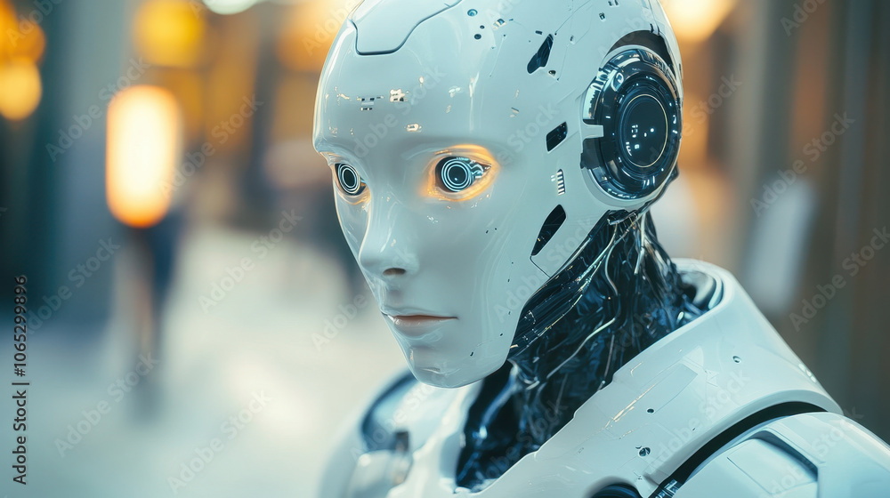 Poster humanoid robot with sleek design and glowing eyes, showcasing advanced technology and artificial int