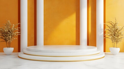 3D Golden and White Podium: Circular Platform on White Floor with Orange Background for Luxury Product Display