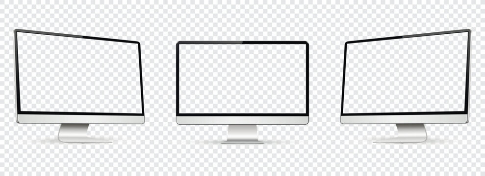 Realistic computer screen mockup. Computer display on three sides with empty screen isolated on transparent background