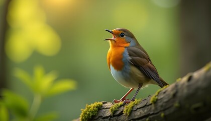 Close-up of a European Robin singing on a branch with detailed plumage and soft forest background
