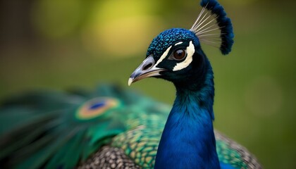 Obraz premium close-up vibrant blue peacock with its feathers partially spread against a blurred green background