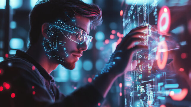 man using technology to interact with generative AI, showcasing digital interfaces and data visualization. scene is vibrant and futuristic, highlighting innovation and creativity - Powered by Adobe