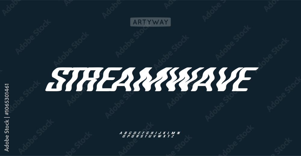 Poster fluid wave alphabet, distorted flowing letters, wavy font for surreal streamlined headline and lette