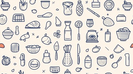 Lamas personalizadas para cocina con tu foto Seamless pattern with kitchen utensils and food items in line art style.