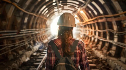 Obraz premium A woman wearing a hard hat walks through a tunnel