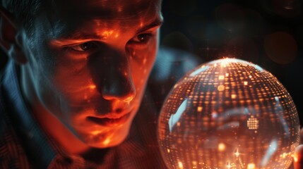 A man is holding a glass ball with a reflection of his face in it