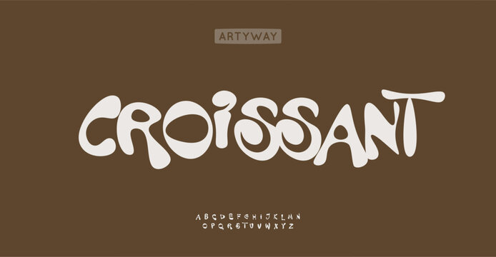 Playful whimsical alphabet, croissant-inspired letters, artistic fun font for cozy cafe or bakery logo, creative dessert branding. Groovy rounded typography with chocolatey curves. Vector typeset