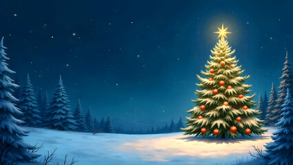 Obraz premium Christmas tree in the snowy forest on a moonlit night
