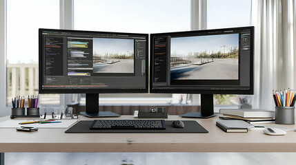 Naklejka premium Two computer monitors on a desk with a keyboard and mouse, displaying code on one screen and a video game design on the other.