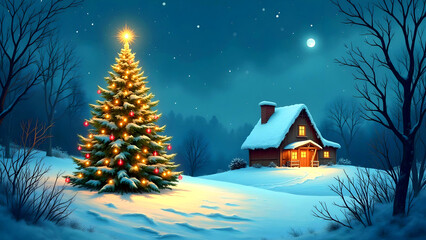 Fototapeta premium Christmas tree in the snowy forest on a moonlit night