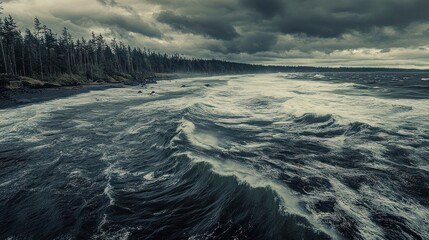 Obraz premium A Forest-Lined Coast with Turbulent Waves Under a Stormy Sky