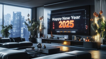 A minimalist, high-tech living space featuring a large digital screen displaying "Happy New Year 2025" with sleek decorations and a futuristic ambiance.
