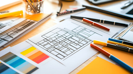 A designer's workspace with a sketch, color swatches, and writing tools.