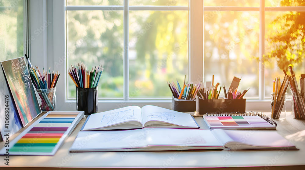 Aufkleber a desk with art supplies and an open notebook, placed by a window with sunlight shining through.