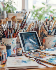 Fototapeta premium A messy artist's workspace with paintbrushes, paint, and a tablet.