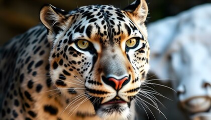 Obraz premium Close-up of snow leopard showcasing its piercing yellow eyes and spotted fur, revealing its elegance