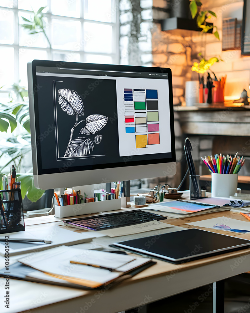 Poster a modern workspace with a computer displaying a design project, a tablet, and various art supplies.